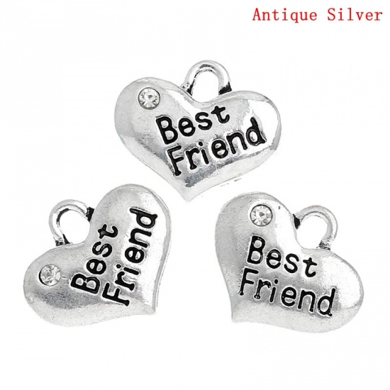 Picture of Zinc Metal Alloy Charm Pendants Heart Antique Silver Message " BEST FRIEND " Carved Clear Rhinestone 16mm( 5/8") x 14mm( 4/8"), 20 PCs