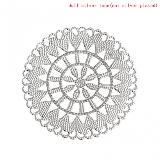 Picture of Filigree Stamping Embellishment Findings Round Silver Tone Hollow Flower Pattern 5.5cm Dia,50PCs