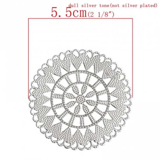 Picture of Filigree Stamping Embellishment Findings Round Silver Tone Hollow Flower Pattern 5.5cm Dia,50PCs