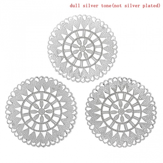 Picture of Filigree Stamping Embellishment Findings Round Silver Tone Hollow Flower Pattern 5.5cm Dia,50PCs