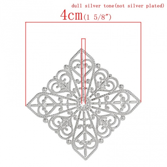 Picture of Filigree Stamping Embellishment Findings Square Silver Tone Heart Pattern Hollow 4cm x 4cm,100PCs
