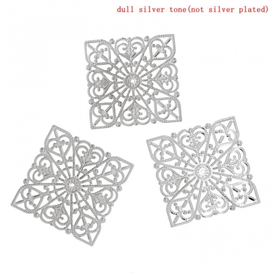 Picture of Filigree Stamping Embellishment Findings Square Silver Tone Heart Pattern Hollow 4cm x 4cm,100PCs