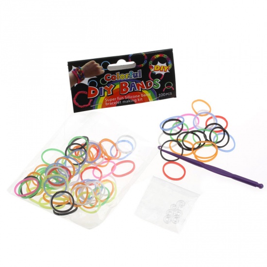 Immagine di Silicone Bands DIY Loom Bracelet Making Kit Hook Crochet Mixed 8.4cm x 0.6cm 17mm 12mm x 6mm,5 Packets(Approx 100PCs/Packet)