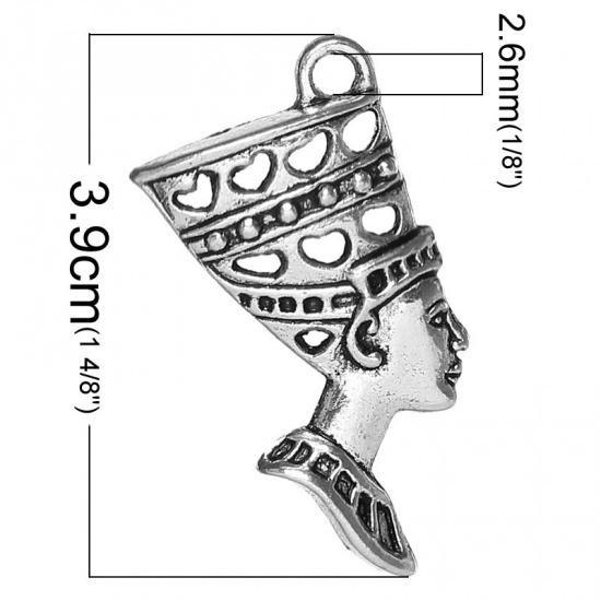 Picture of Zinc Metal Alloy Pendants Egyptian Queen Antique Silver Color 39mm(1 4/8") x 27mm(1 1/8"), 30 PCs