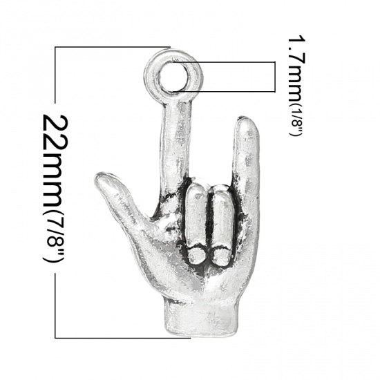 Immagine di Lega di Zinco Charm Ciondoli Mani Argento Antico 22mm x 12mm , 500 Pz