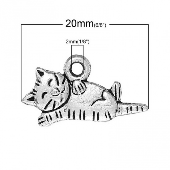 Immagine di Lega di Zinco Charm Ciondoli Gatto Argento Antico Nulla Disegno 20mm x 11mm, 100 Pz