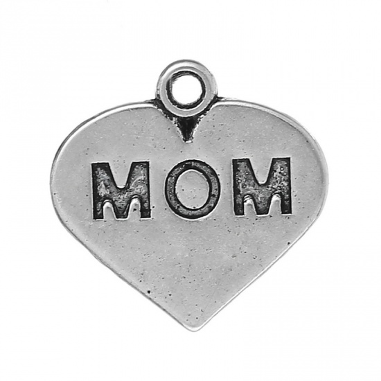 Picture of Zinc Metal Alloy Charm Pendants Heart Antique Silver Message "MOM" Carved 16mm x16mm( 5/8" x 5/8"), 100 PCs