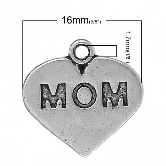 Picture of Zinc Metal Alloy Charm Pendants Heart Antique Silver Message "MOM" Carved 16mm x16mm( 5/8" x 5/8"), 100 PCs