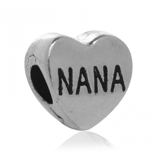 Picture of Zinc Metal Alloy European Style Large Hole Charm Beads Heart Antique Silver Message "NANA" Carved About 11mm( 3/8") x 11mm( 3/8"), Hole: Approx 4.6mm, 2 PCs