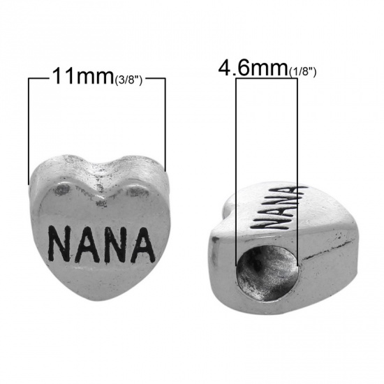 Picture of Zinc Metal Alloy European Style Large Hole Charm Beads Heart Antique Silver Message "NANA" Carved About 11mm( 3/8") x 11mm( 3/8"), Hole: Approx 4.6mm, 2 PCs