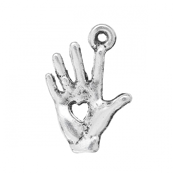 Immagine di Lega di Zinco Charm Ciondoli Palmo Argento Antico Cuore Disegno 18.0mm x 13.0mm, 100 Pz