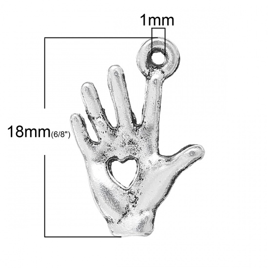 Immagine di Lega di Zinco Charm Ciondoli Palmo Argento Antico Cuore Disegno 18.0mm x 13.0mm, 100 Pz