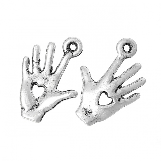 Immagine di Lega di Zinco Charm Ciondoli Palmo Argento Antico Cuore Disegno 18.0mm x 13.0mm, 100 Pz