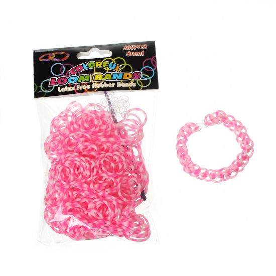 Immagine di Silicone Bands DIY Loom Bracelet Making Kit Hook Crochet Neon Pink 8.4cm x 0.6cm 17mm 12mm x 6mm,5 Packets(Approx 300PCs/Packet)