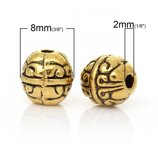 Picture of Zinc Based Alloy Spacer Beads Round Gold Tone Antique Gold Carved About 8mm Dia, Hole:Approx 2mm, 100 PCs