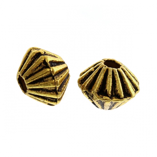 Picture of Zinc Based Alloy Spacer Beads Bicone Gold Tone Antique Gold Stripe Carved About 5mm x 4mm, Hole:Approx 1mm, 500 PCs