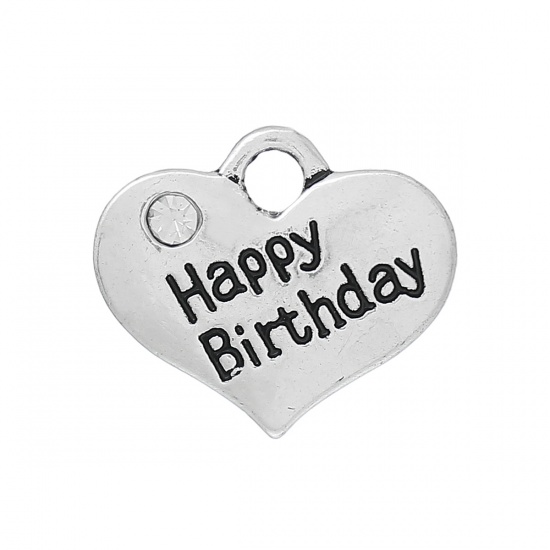 Picture of Zinc Based Alloy Charms Heart Antique Silver Message "Happy Birthday" Carved Clear Rhinestone 16mm x 14mm( 5/8" x 4/8"), 20 PCs