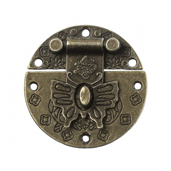 Picture of Zinc Based Alloy Vintage Cabinet Box Lock Catch Latches Round Butterfly Antique Bronze 3.9cm(1 4/8") Dia, 10 Sets