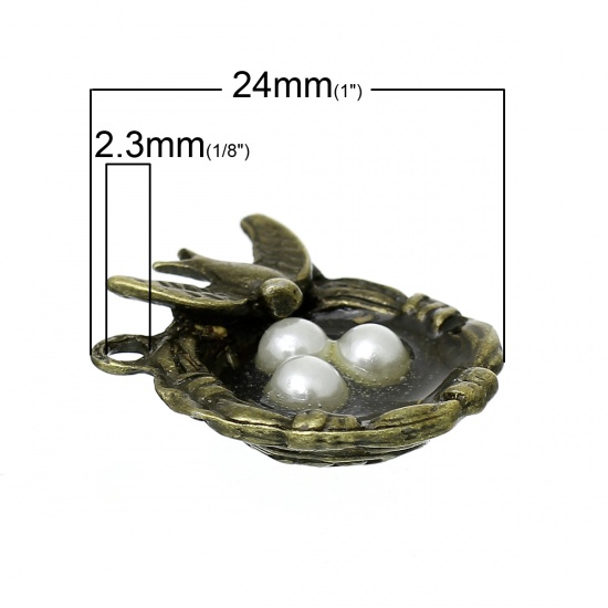 Picture of Zinc Based Alloy 3D Charms Swallow Bird Eggs Nest Antique Bronze White Acrylic Imitation Pearl 24mm(1") x 24mm(1"), 20 PCs