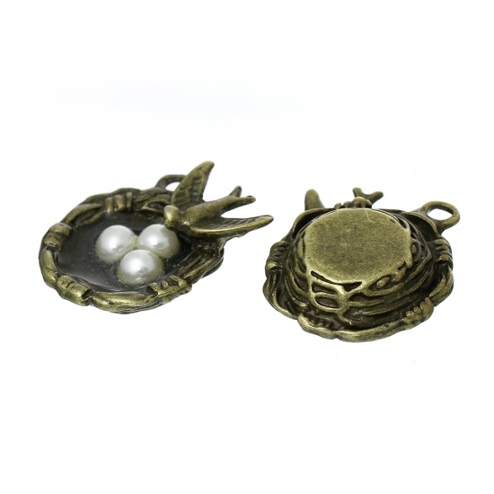 Picture of Zinc Based Alloy 3D Charms Swallow Bird Eggs Nest Antique Bronze White Acrylic Imitation Pearl 24mm(1") x 24mm(1"), 20 PCs