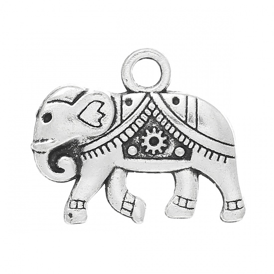 Picture of Zinc Metal Alloy Charm Pendants Elephant Animal Antique Silver 20mm x 17mm( 6/8" x 5/8"), 50 PCs