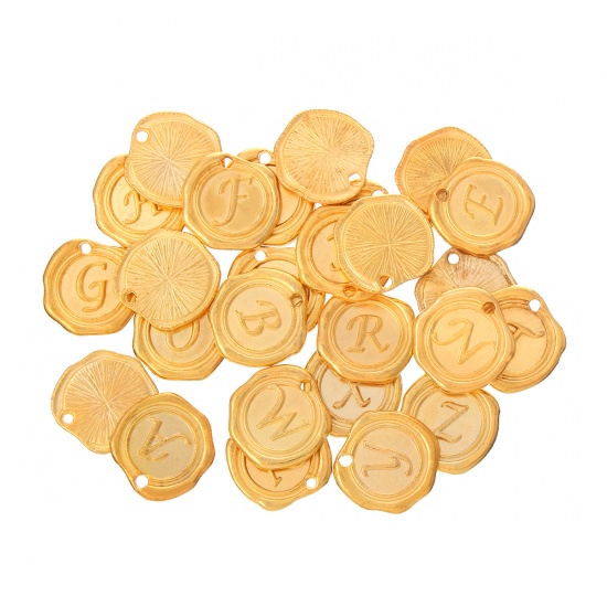 Picture of Zinc Based Alloy Wax Seal Charms Round Gold Plated Initial Alphabet/ Letter "A-Z" Carved 18mm( 6/8") x 18mm( 6/8"), 26 PCs