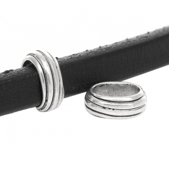 Bild von Zinklegierung Schiebeperlen Sliderperlen Oval Antiksilber Streifen Muster 15mm x 12mm, Loch: 11.5mm x 8.3mm, 50 Stück