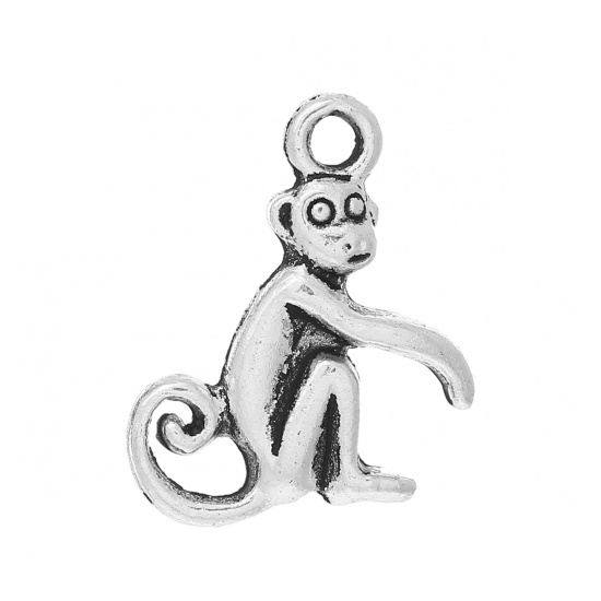 Picture of Zinc Metal Alloy Charm Pendants Monkey Animal Antique Silver 16mm x 13mm( 5/8" x 4/8"), 100 PCs