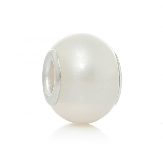 Immagine di Vetro Stile Europeo Perline Tondo Bianco Tono Argento Circa 15mm Dia, Foro: Circa 5.0mm, 30 Pz