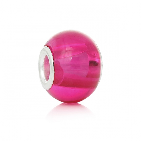 Picture of Glass European Style Large Hole Charm Beads Round Fuchsia Silver Tone Core Transparent About 14mm x 11mm-15mm x 11mm, Hole: Approx 4.9mm, 30 PCs