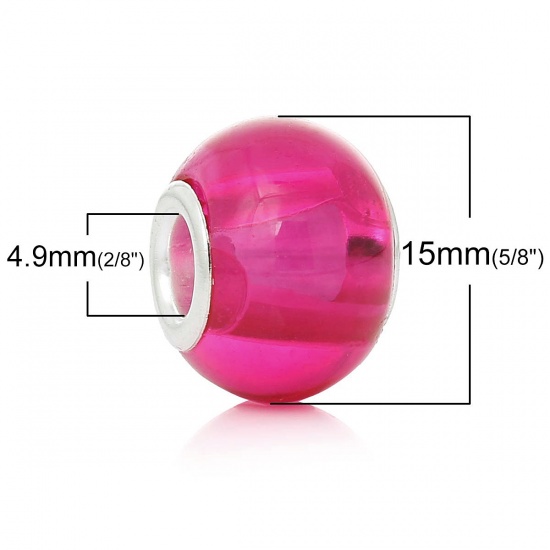 Picture of Glass European Style Large Hole Charm Beads Round Fuchsia Silver Tone Core Transparent About 14mm x 11mm-15mm x 11mm, Hole: Approx 4.9mm, 30 PCs