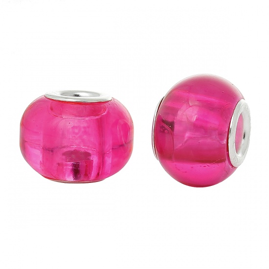 Picture of Glass European Style Large Hole Charm Beads Round Fuchsia Silver Tone Core Transparent About 14mm x 11mm-15mm x 11mm, Hole: Approx 4.9mm, 30 PCs