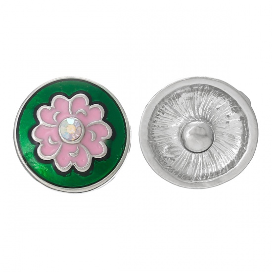 Picture of 16mm Zinc Metal Alloy Snap Buttons Round Silver Tone Flower Carved Pink & Dark Green Enamel AB Color Rhinestone Fit Snap Button Bracelets, Knob Size: 4.8mm(2/8"), 10 PCs