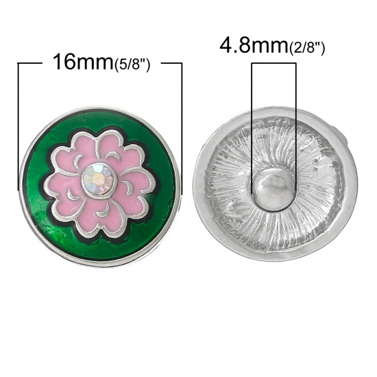 Picture of 16mm Zinc Metal Alloy Snap Buttons Round Silver Tone Flower Carved Pink & Dark Green Enamel AB Color Rhinestone Fit Snap Button Bracelets, Knob Size: 4.8mm(2/8"), 10 PCs