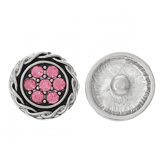 Picture of 16mm Zinc Metal Alloy Snap Buttons Round Antique Silver Color Flower Carved Pink Rhinestone Fit Snap Button Bracelets, Knob Size: 4.8mm(2/8"), 10 PCs