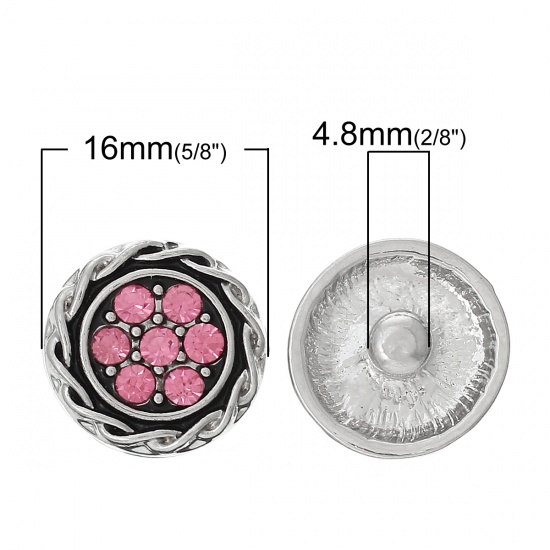 Picture of 16mm Zinc Metal Alloy Snap Buttons Round Antique Silver Color Flower Carved Pink Rhinestone Fit Snap Button Bracelets, Knob Size: 4.8mm(2/8"), 10 PCs