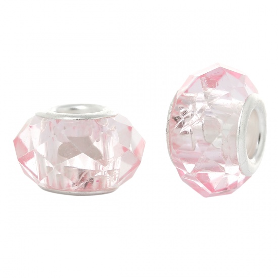 Picture of Glass European Style Large Hole Charm Beads Round Light Pink Silver Plated Core Faceted Transparent About 14mm x 9mm, Hole: Approx 5mm, 30 PCs