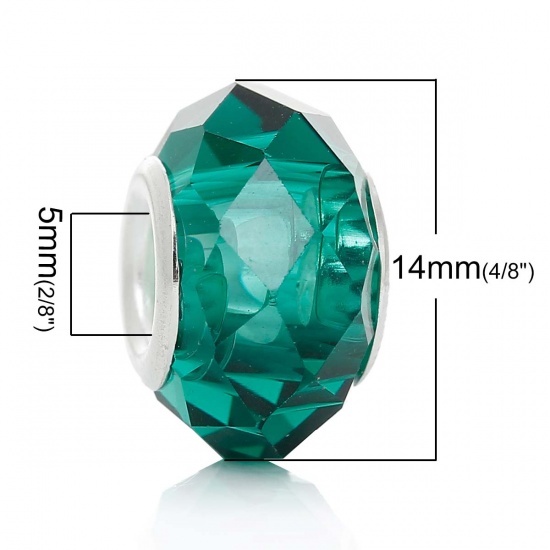 Picture of Glass European Style Large Hole Charm Beads Round Malachite Green Silver Plated Core Faceted Transparent About 14mm x 9mm, Hole: Approx 5mm, 30 PCs