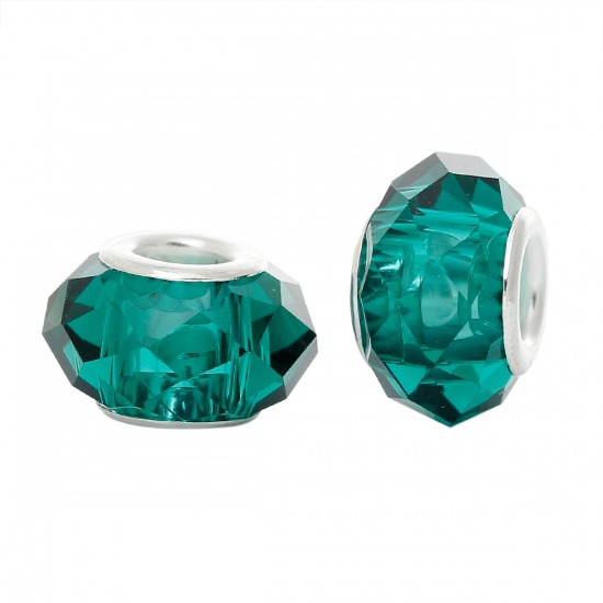 Picture of Glass European Style Large Hole Charm Beads Round Malachite Green Silver Plated Core Faceted Transparent About 14mm x 9mm, Hole: Approx 5mm, 30 PCs