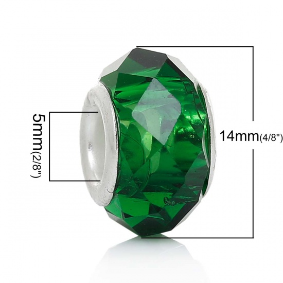 Picture of Glass European Style Large Hole Charm Beads Round Dark Green Silver Plated Core Faceted Transparent About 14mm x 8mm, Hole: Approx 5mm, 30 PCs
