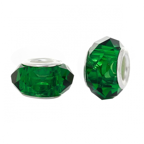 Picture of Glass European Style Large Hole Charm Beads Round Dark Green Silver Plated Core Faceted Transparent About 14mm x 8mm, Hole: Approx 5mm, 30 PCs