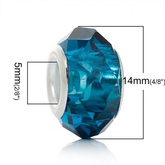 Picture of Glass European Style Large Hole Charm Beads Round Aqua Blue Silver Plated Core Faceted Transparent About 14mm x 8mm, Hole: Approx 5mm, 30 PCs