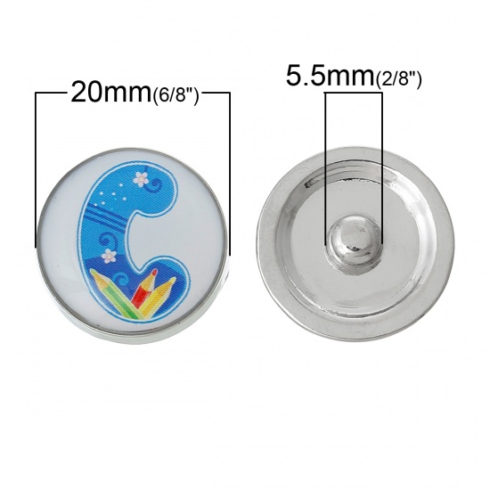 Picture of 20mm Zinc Metal Alloy Snap Buttons Round Silver Tone Blue Alphabet /Letter " C " Pencil Pattern Fit Snap Button Bracelets, Knob Size: 5.5mm( 2/8"), 5 PCs