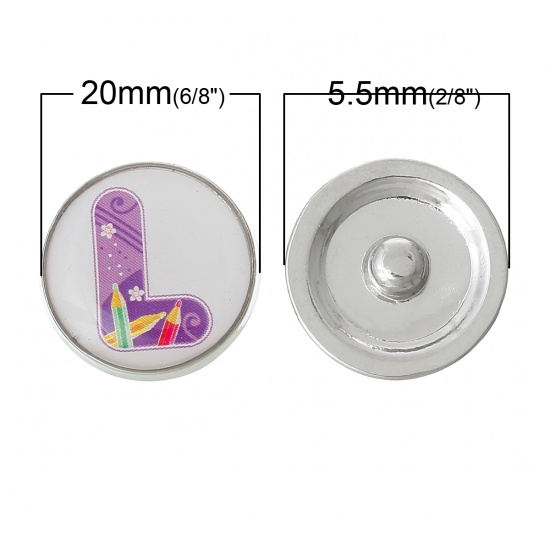 Picture of 20mm Zinc Metal Alloy Snap Buttons Round Silver Tone Purple Alphabet /Letter " L " Pencil Pattern Fit Snap Button Bracelets, Knob Size: 5.5mm( 2/8"), 5 PCs