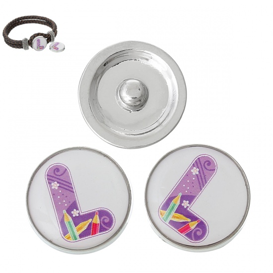 Picture of 20mm Zinc Metal Alloy Snap Buttons Round Silver Tone Purple Alphabet /Letter " L " Pencil Pattern Fit Snap Button Bracelets, Knob Size: 5.5mm( 2/8"), 5 PCs