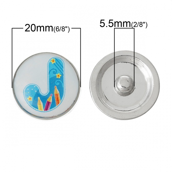 Picture of 20mm Zinc Metal Alloy Snap Buttons Round Silver Tone Blue Alphabet /Letter " J " Pencil Pattern Fit Snap Button Bracelets, Knob Size: 5.5mm( 2/8"), 5 PCs