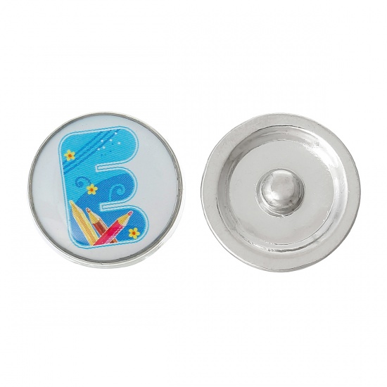 Picture of 20mm Zinc Metal Alloy Snap Buttons Round Silver Tone Blue Alphabet /Letter " E " Pencil Pattern Fit Snap Button Bracelets, Knob Size: 5.5mm( 2/8"), 5 PCs