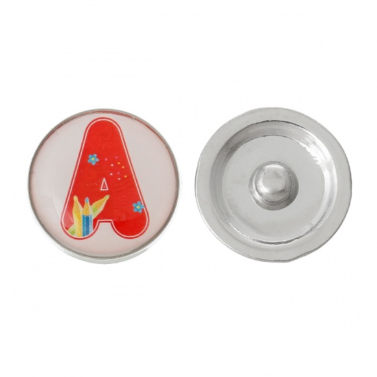 Picture of 20mm Zinc Metal Alloy Snap Buttons Round Silver Tone Red Alphabet /Letter " A " Pencil Pattern Fit Snap Button Bracelets, Knob Size: 5.5mm( 2/8"), 5 PCs