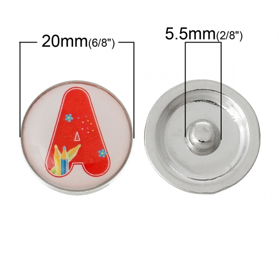 Picture of 20mm Zinc Metal Alloy Snap Buttons Round Silver Tone Red Alphabet /Letter " A " Pencil Pattern Fit Snap Button Bracelets, Knob Size: 5.5mm( 2/8"), 5 PCs