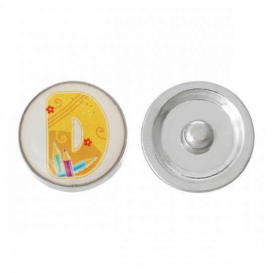 Picture of 20mm Zinc Metal Alloy Snap Buttons Round Silver Tone Yellow Alphabet /Letter " D " Pencil Pattern Fit Snap Button Bracelets, Knob Size: 5.5mm( 2/8"), 5 PCs